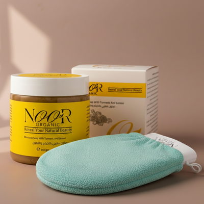 مجموعة الحمّام المغربي بالكركم والليمون – ليفة سليلوز طبيعية + صابون مغربي